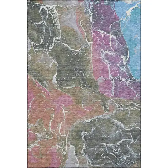 Brown Purple And Blue Abstract Washable Area Rug With UV Protection Photo 1
