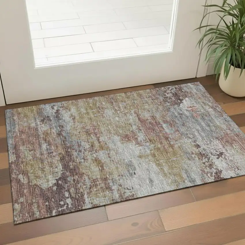 Brown Purple And Blue Abstract Washable Area Rug With UV Protection Photo 2