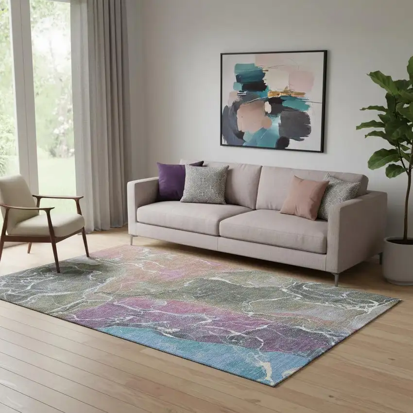 Brown Purple And Blue Abstract Washable Area Rug With UV Protection Photo 2
