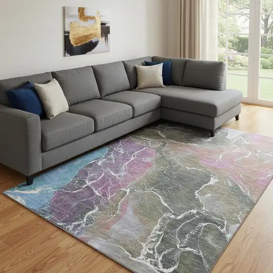 Brown Purple And Blue Abstract Washable Area Rug With UV Protection Photo 2
