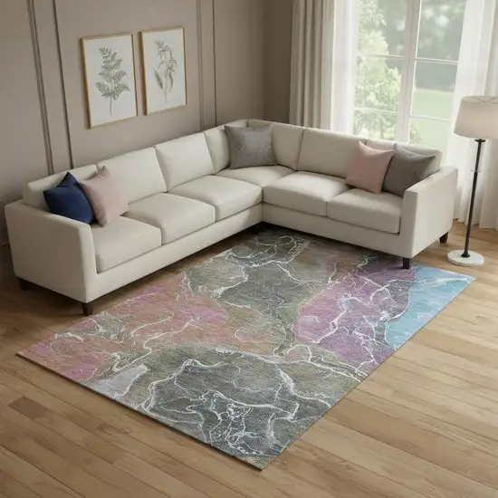 Brown Purple And Blue Abstract Washable Area Rug With UV Protection Photo 2