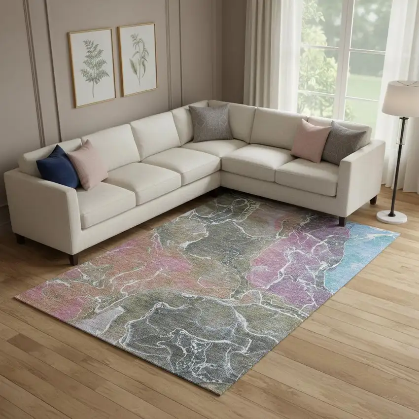 Brown Purple And Blue Abstract Washable Area Rug With UV Protection Photo 2