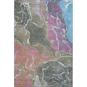 Photo of Brown Purple And Blue Abstract Washable Area Rug With UV Protection