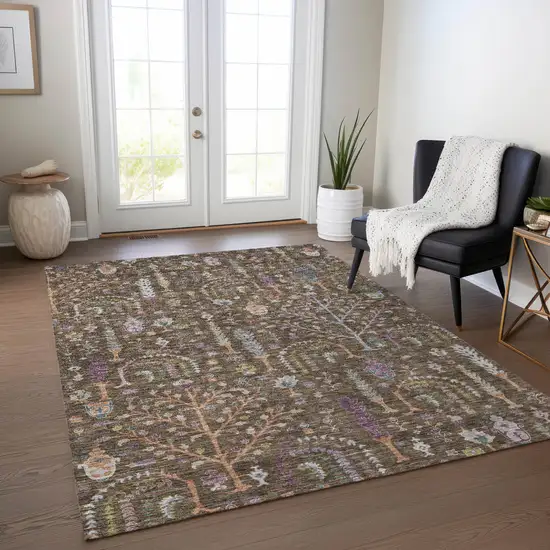 Brown Purple And Blue Floral Washable Indoor Outdoor Area Rug Photo 9