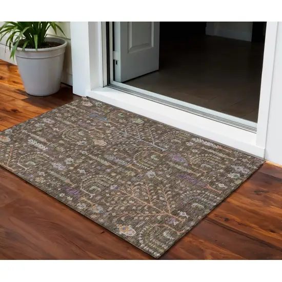 Brown Purple And Blue Floral Washable Indoor Outdoor Area Rug Photo 1