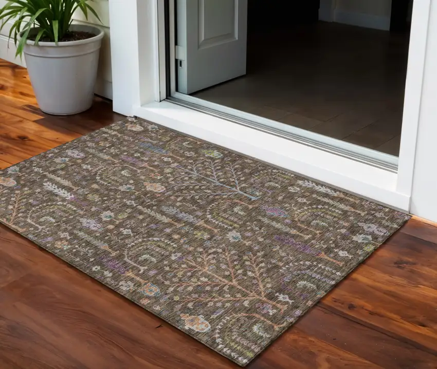 Brown Purple And Blue Floral Washable Indoor Outdoor Area Rug Photo 1