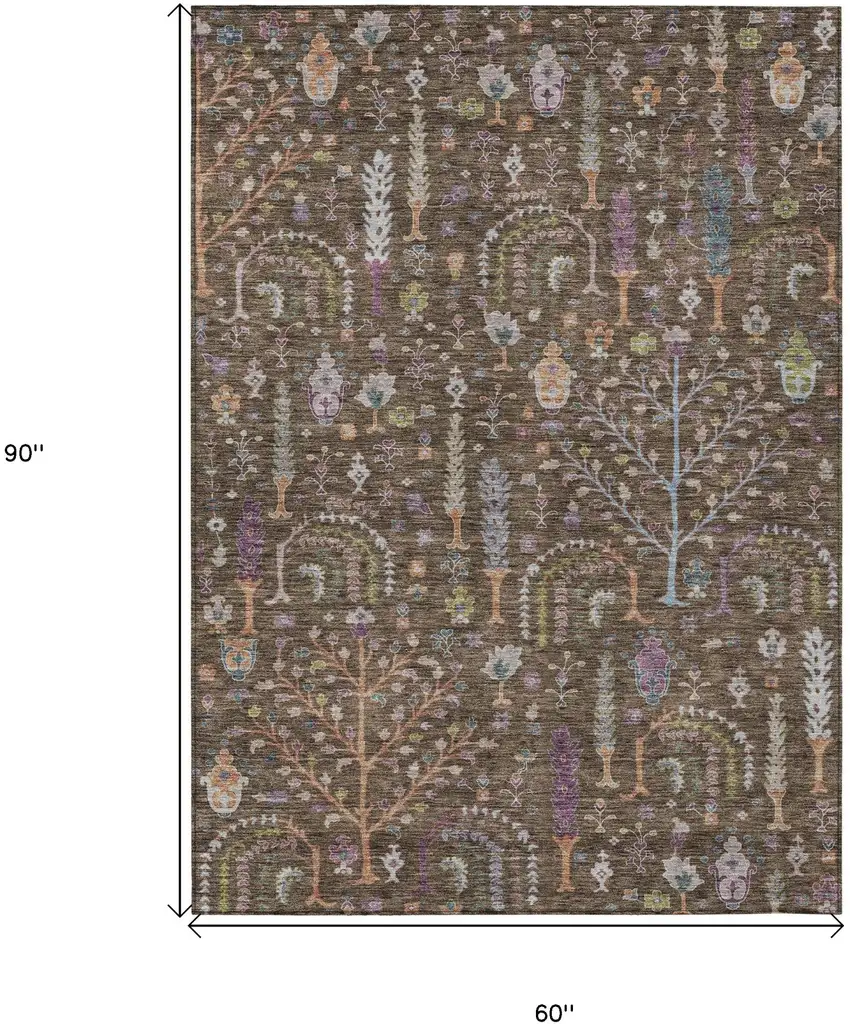 Brown Purple And Blue Floral Washable Indoor Outdoor Area Rug Photo 8