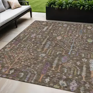 Photo of Brown Purple And Blue Floral Washable Indoor Outdoor Area Rug