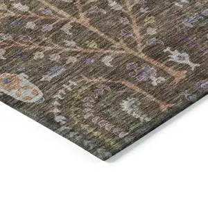 Photo of Brown Purple And Blue Floral Washable Indoor Outdoor Area Rug
