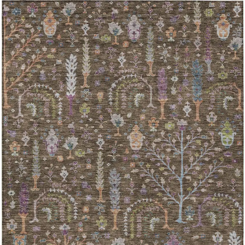 Brown Purple And Blue Floral Washable Indoor Outdoor Area Rug Photo 7