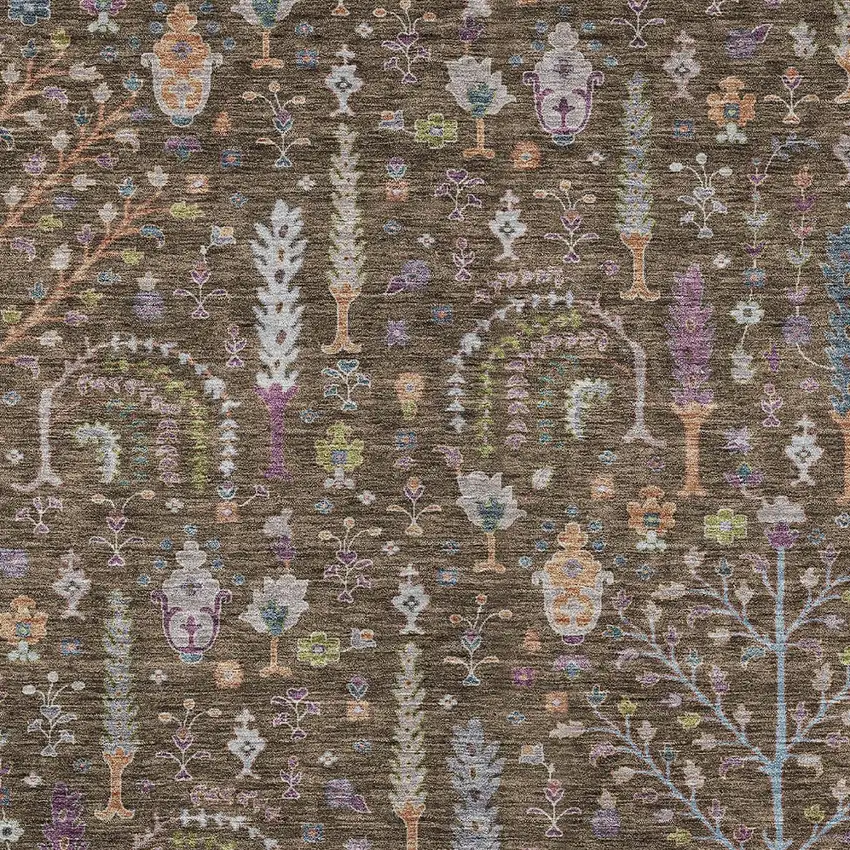 Brown Purple And Blue Floral Washable Indoor Outdoor Area Rug Photo 6