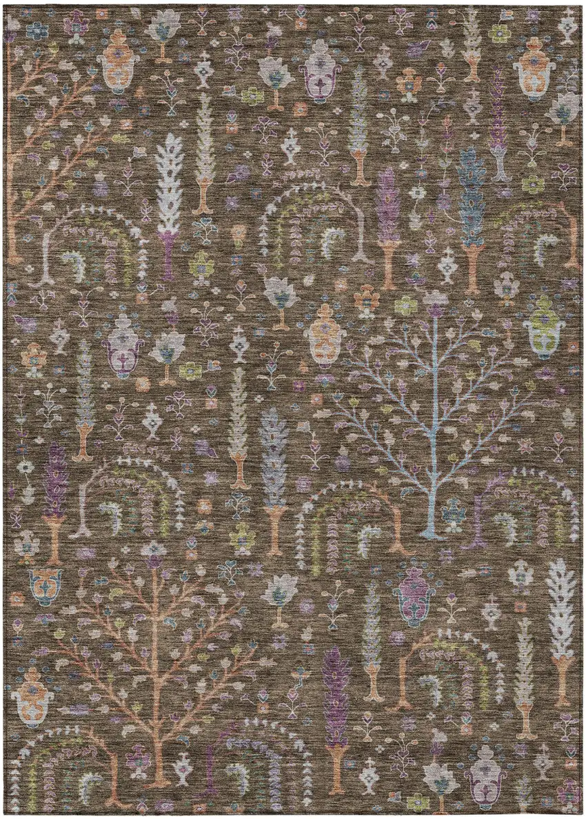 Brown Purple And Blue Floral Washable Indoor Outdoor Area Rug Photo 2
