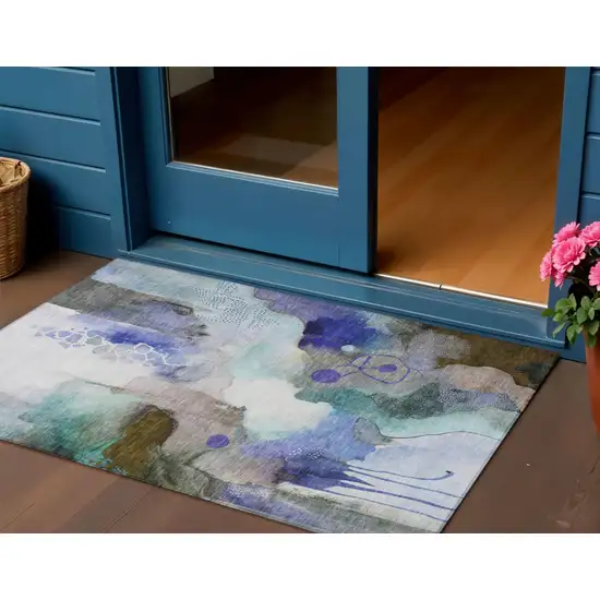 Brown Purple And Ivory Abstract Washable Indoor Outdoor Area Rug Photo 2