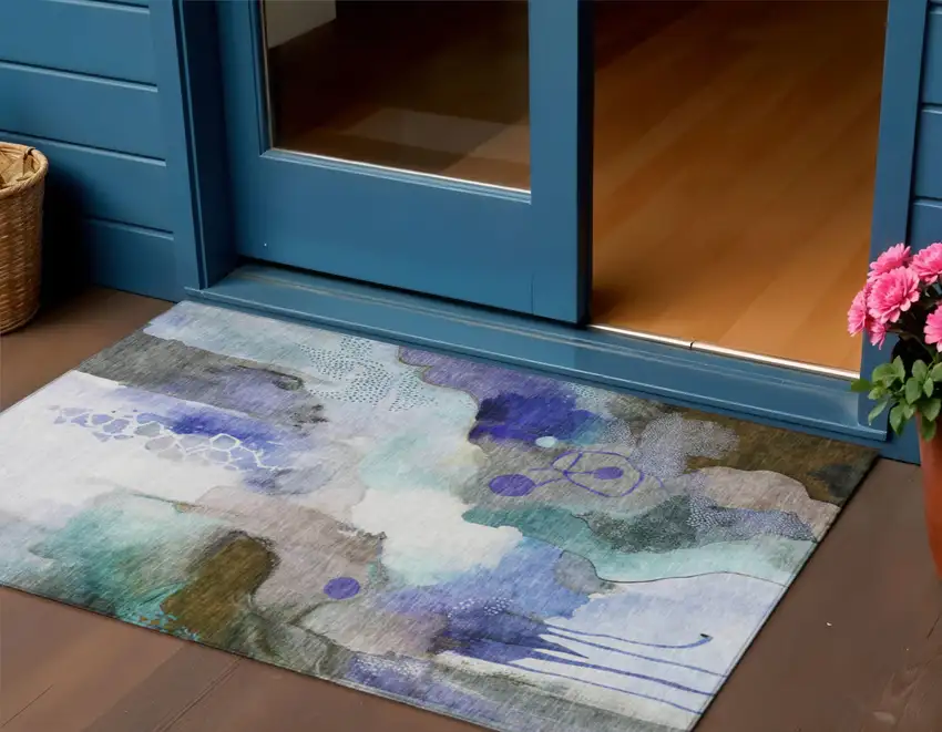 Brown Purple And Ivory Abstract Washable Indoor Outdoor Area Rug Photo 2