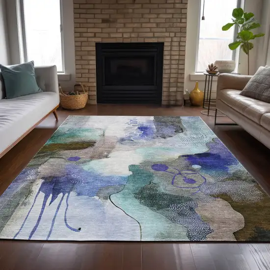 Brown Purple And Ivory Abstract Washable Indoor Outdoor Area Rug Photo 7