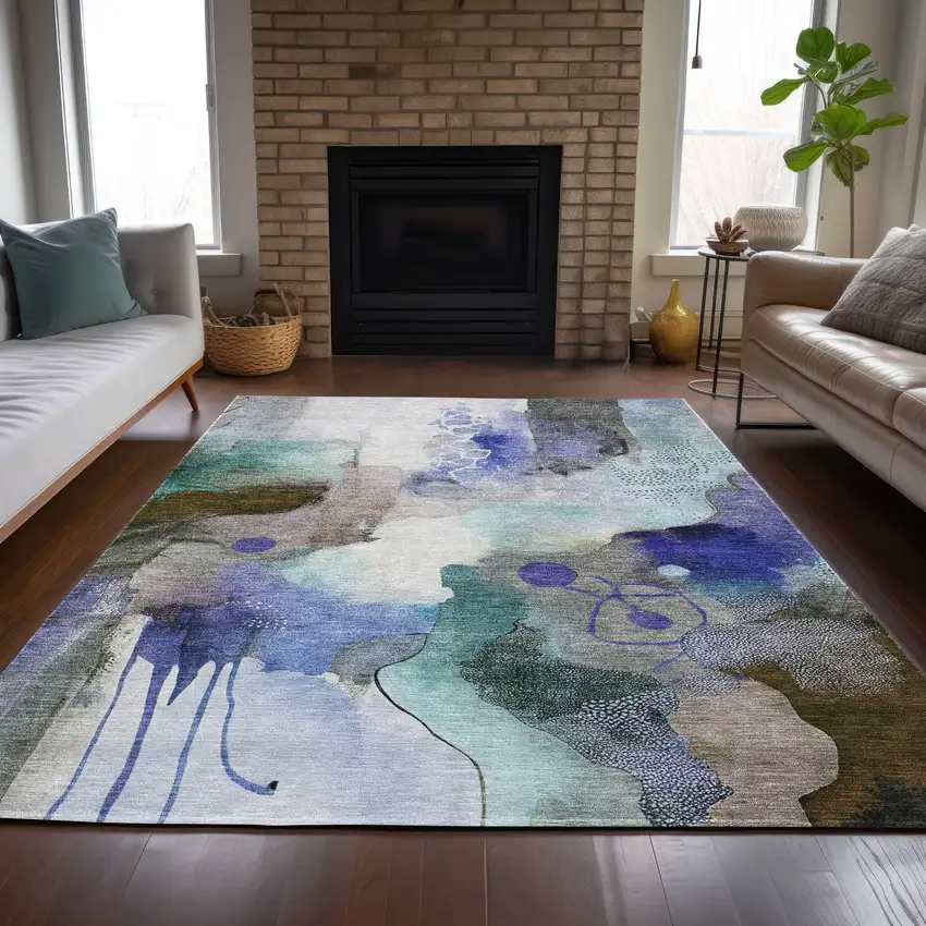 Brown Purple And Ivory Abstract Washable Indoor Outdoor Area Rug Photo 7