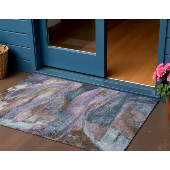 Brown Purple And Teal Blue Abstract Washable Indoor Outdoor Area Rug Photo 2