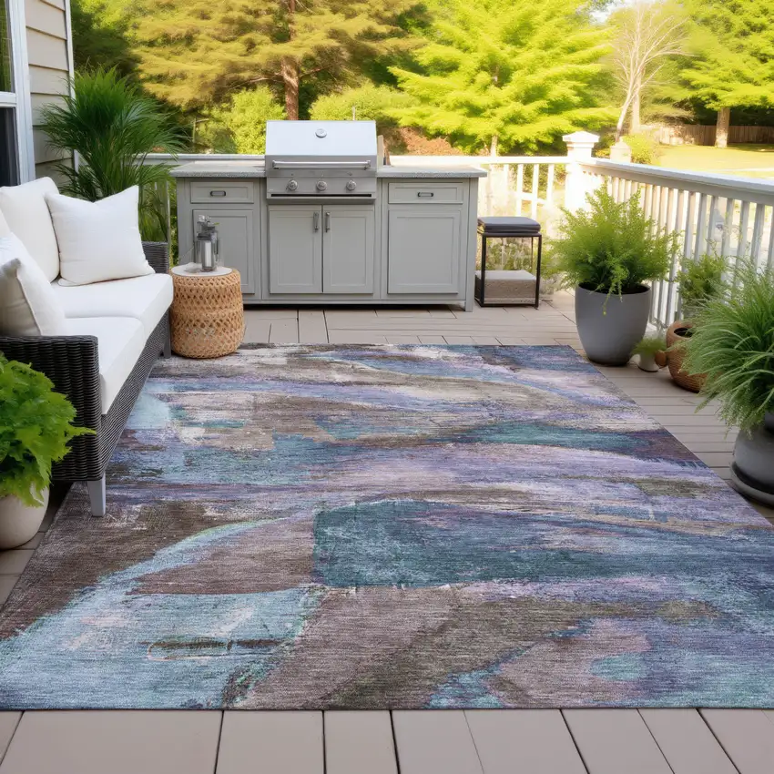 Brown Purple And Teal Blue Abstract Washable Indoor Outdoor Area Rug Photo 4