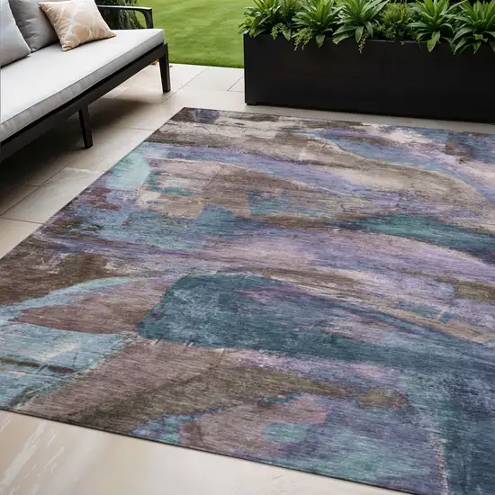 Brown Purple And Teal Blue Abstract Washable Indoor Outdoor Area Rug Photo 2