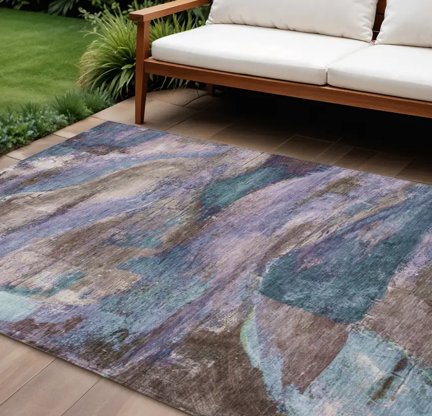 Brown Purple And Teal Blue Abstract Washable Indoor Outdoor Area Rug Photo 2