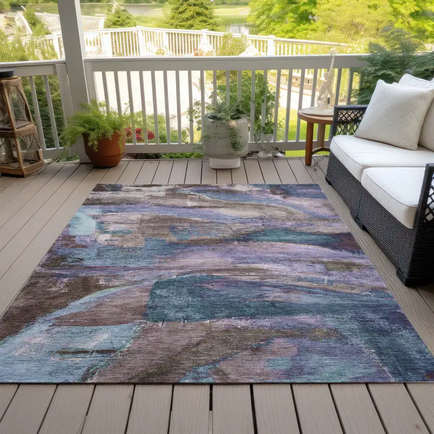 Brown Purple And Teal Blue Abstract Washable Indoor Outdoor Area Rug Photo 6
