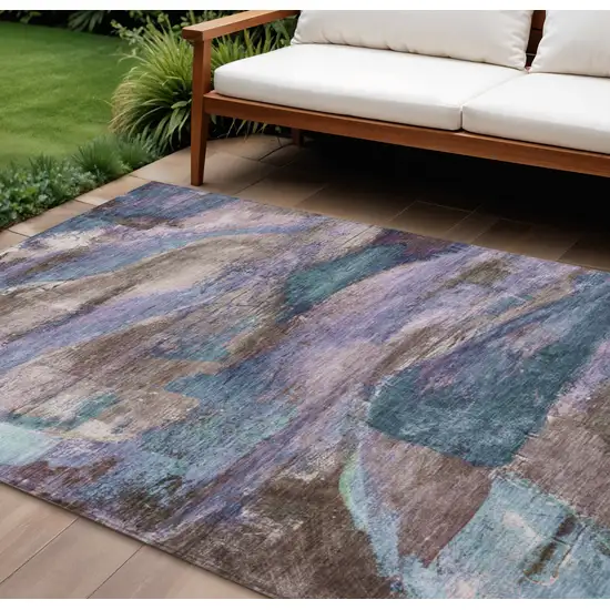 Brown Purple And Teal Blue Abstract Washable Indoor Outdoor Area Rug Photo 2