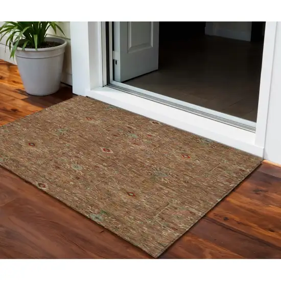 Brown Red And Green Floral Washable Indoor Outdoor Area Rug Photo 1