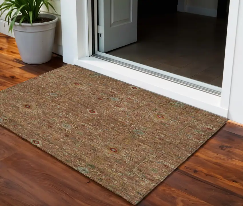 Brown Red And Green Floral Washable Indoor Outdoor Area Rug Photo 1