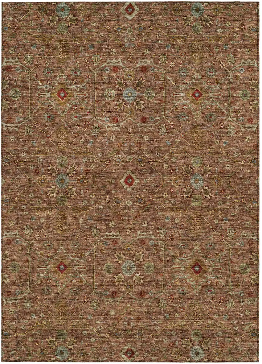 Brown Red And Green Floral Washable Indoor Outdoor Area Rug Photo 7