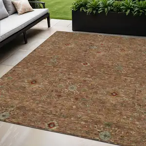 Photo of Brown Red And Green Floral Washable Indoor Outdoor Area Rug