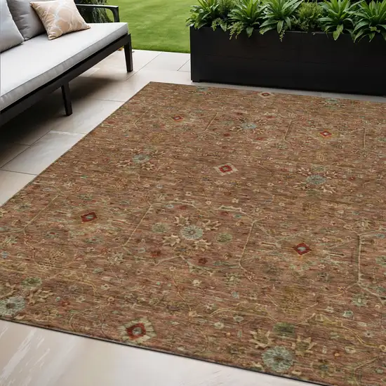 Brown Red And Green Floral Washable Indoor Outdoor Area Rug Photo 1