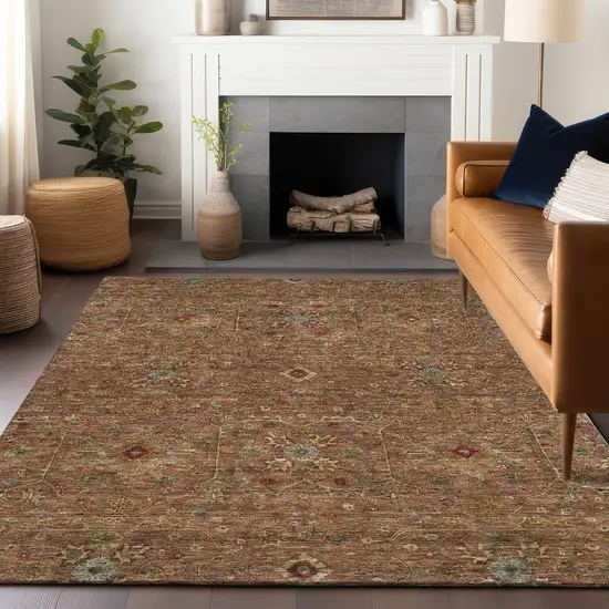 Brown Red And Green Floral Washable Indoor Outdoor Area Rug Photo 9
