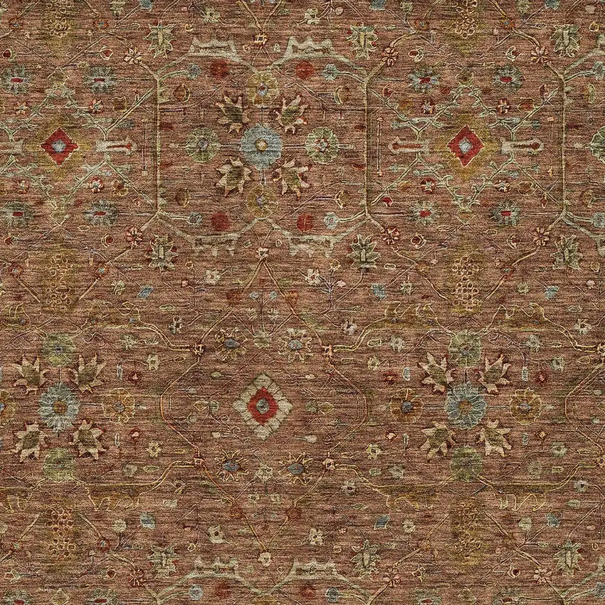 Brown Red And Green Floral Washable Indoor Outdoor Area Rug Photo 6