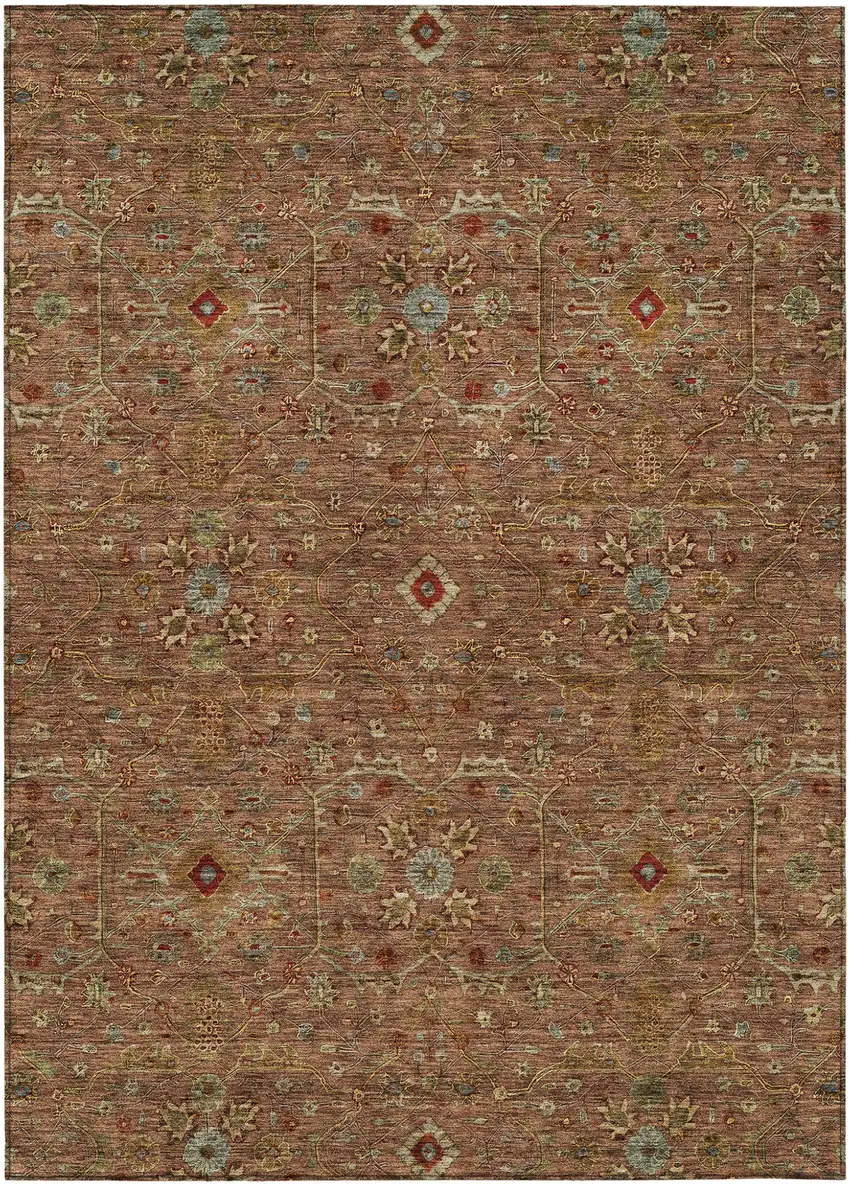 Brown Red And Green Floral Washable Indoor Outdoor Area Rug Photo 2