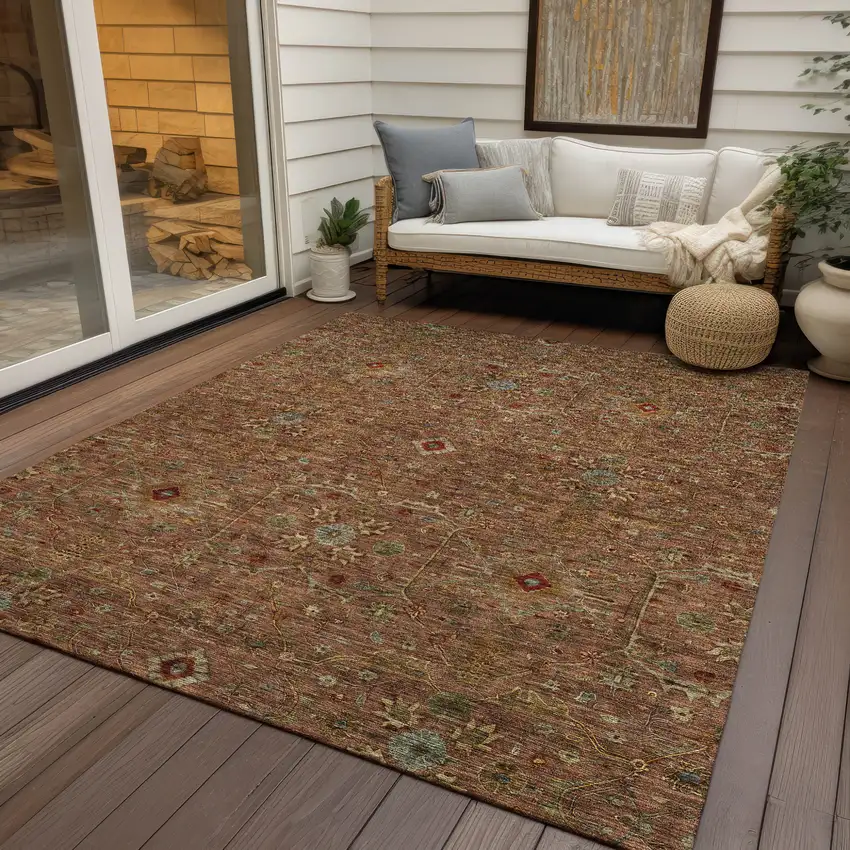 Brown Red And Green Floral Washable Indoor Outdoor Area Rug Photo 8