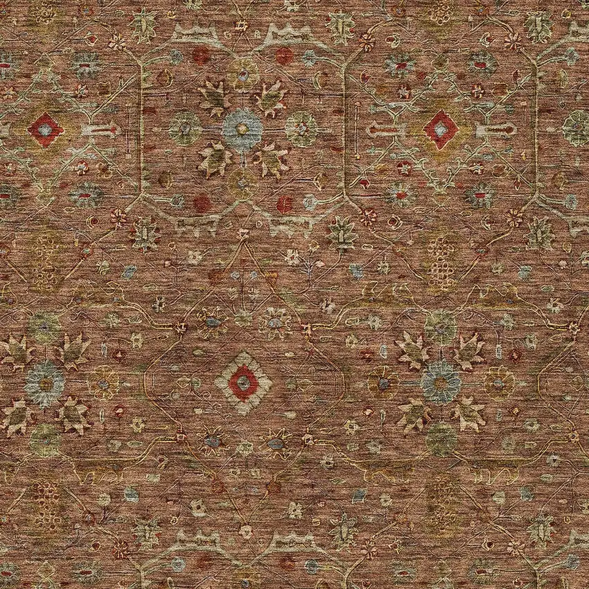 Brown Red And Green Floral Washable Indoor Outdoor Area Rug Photo 6