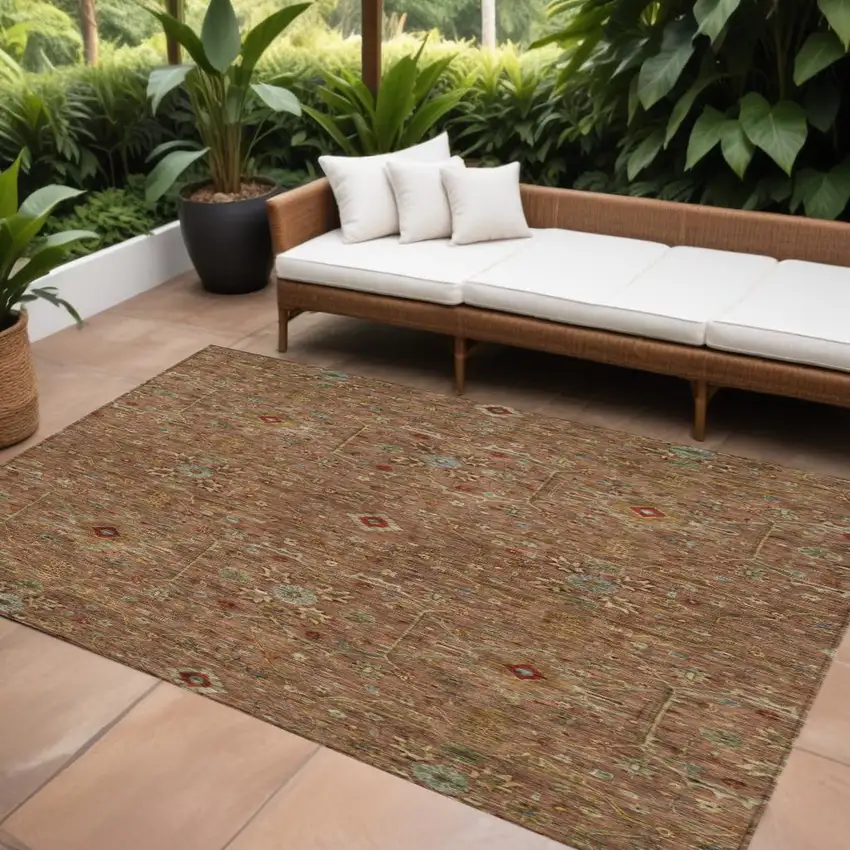 Brown Red And Green Floral Washable Indoor Outdoor Area Rug Photo 1