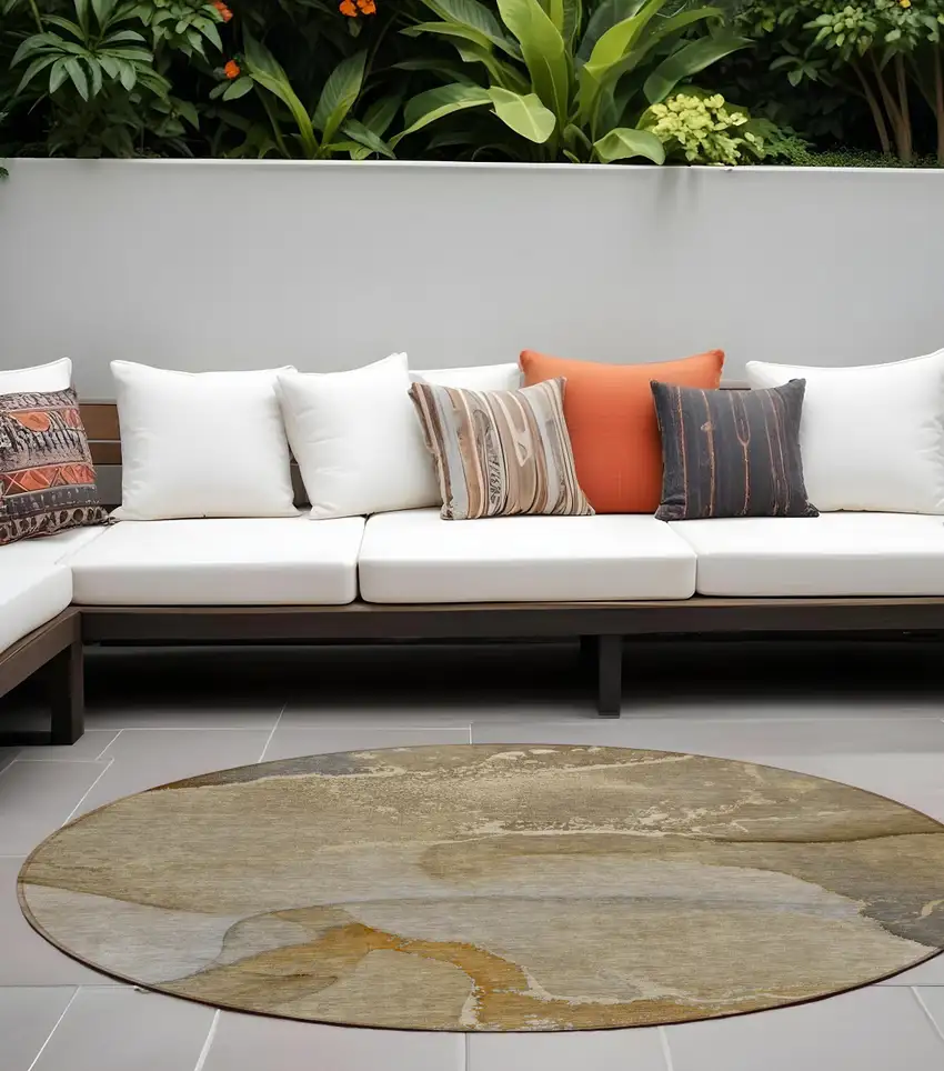 Brown Round Abstract Washable Indoor Outdoor Area Rug Photo 1
