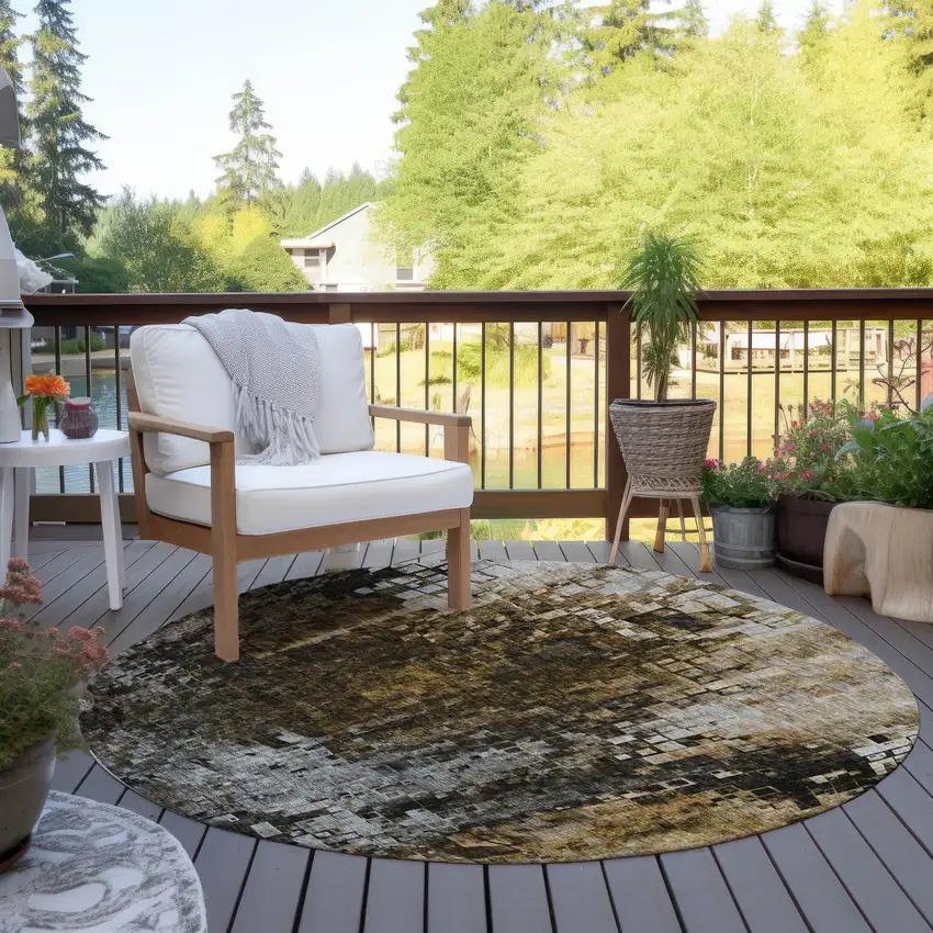 Brown Round Abstract Washable Non Skid Indoor Outdoor Area Rug Photo 5