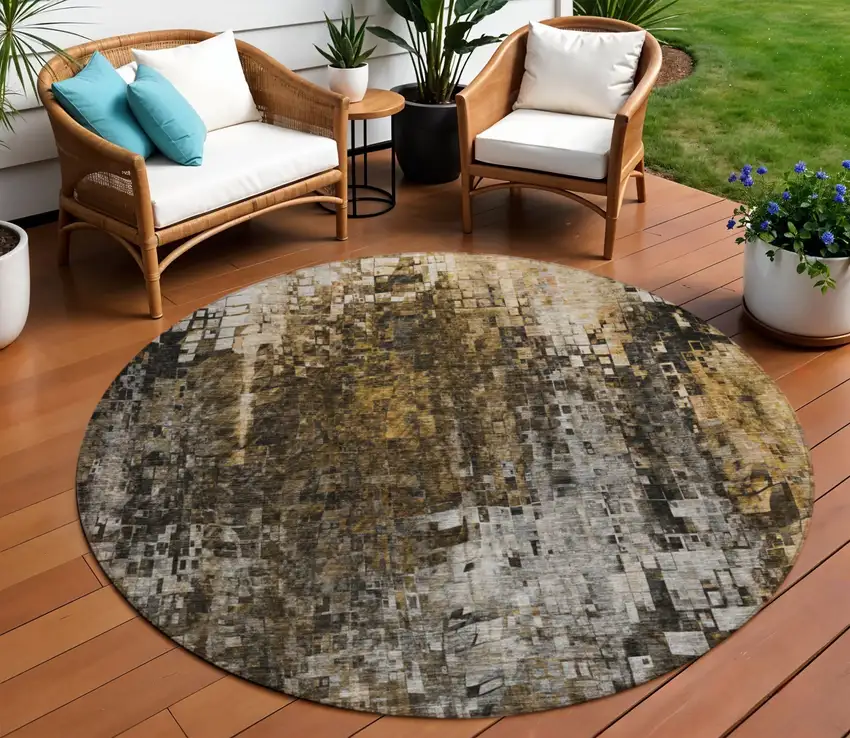 Brown Round Abstract Washable Non Skid Indoor Outdoor Area Rug Photo 1