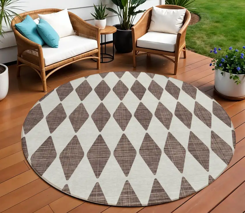 Brown Round Geometric Washable Non Skid Indoor Outdoor Area Rug Photo 1