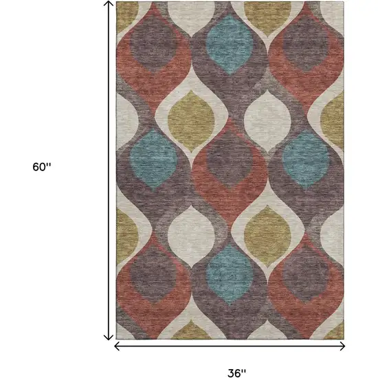 Brown Rust And Teal Ogee Washable Area Rug With UV Protection Photo 3