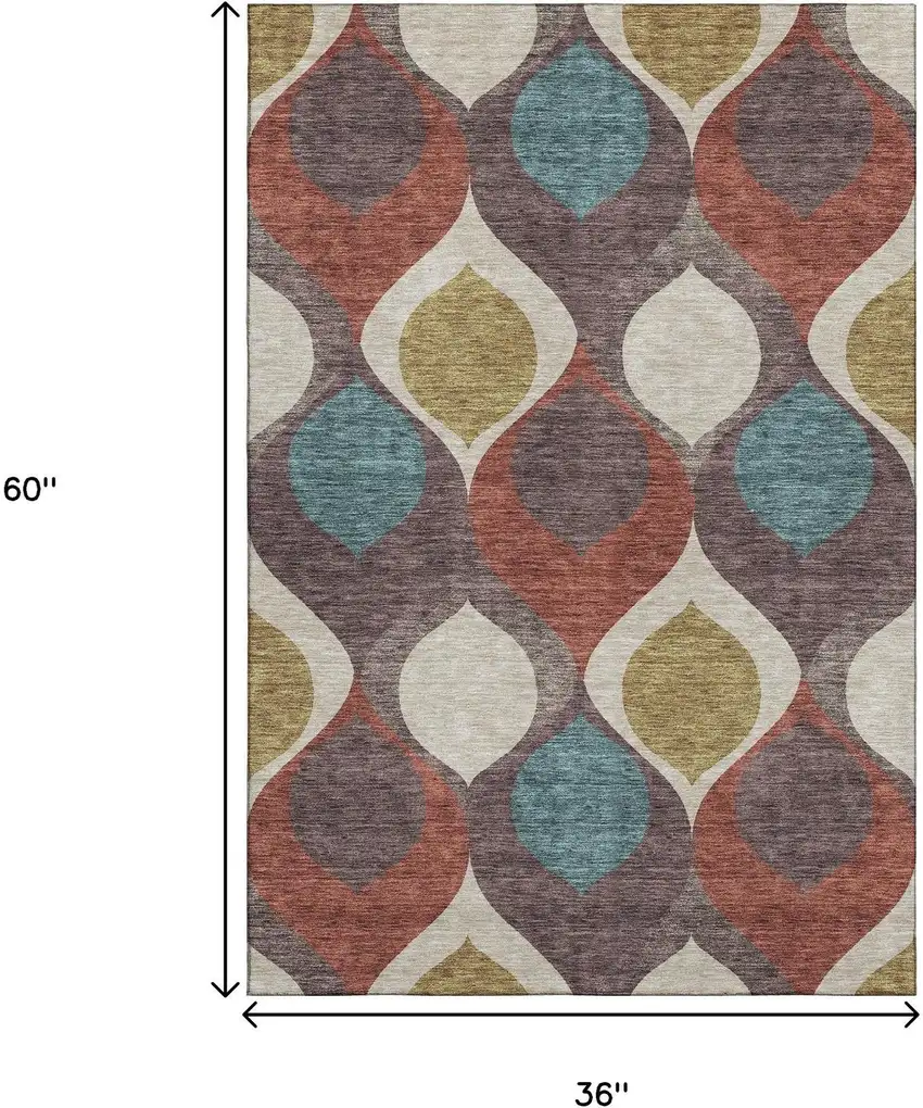 Brown Rust And Teal Ogee Washable Area Rug With UV Protection Photo 3