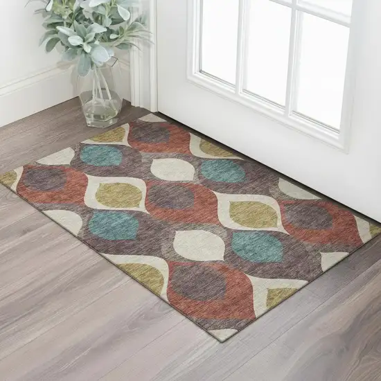 Brown Rust And Teal Ogee Washable Area Rug With UV Protection Photo 1