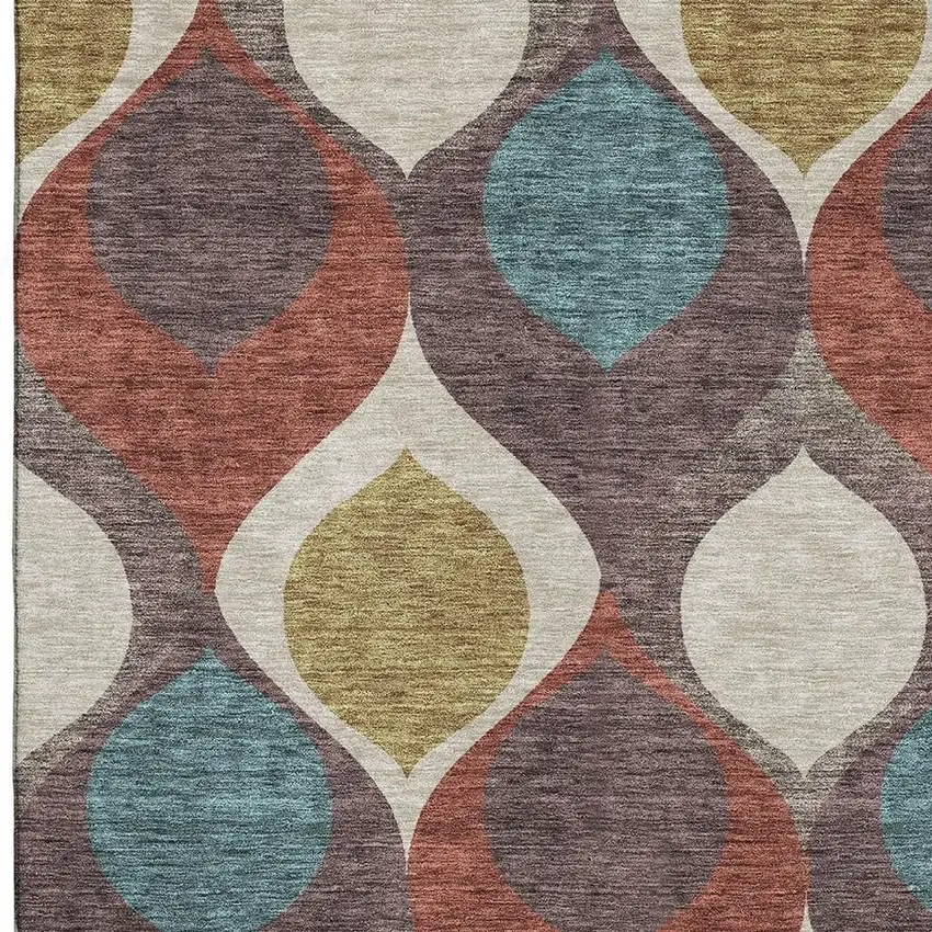 Brown Rust And Teal Ogee Washable Area Rug With UV Protection Photo 3