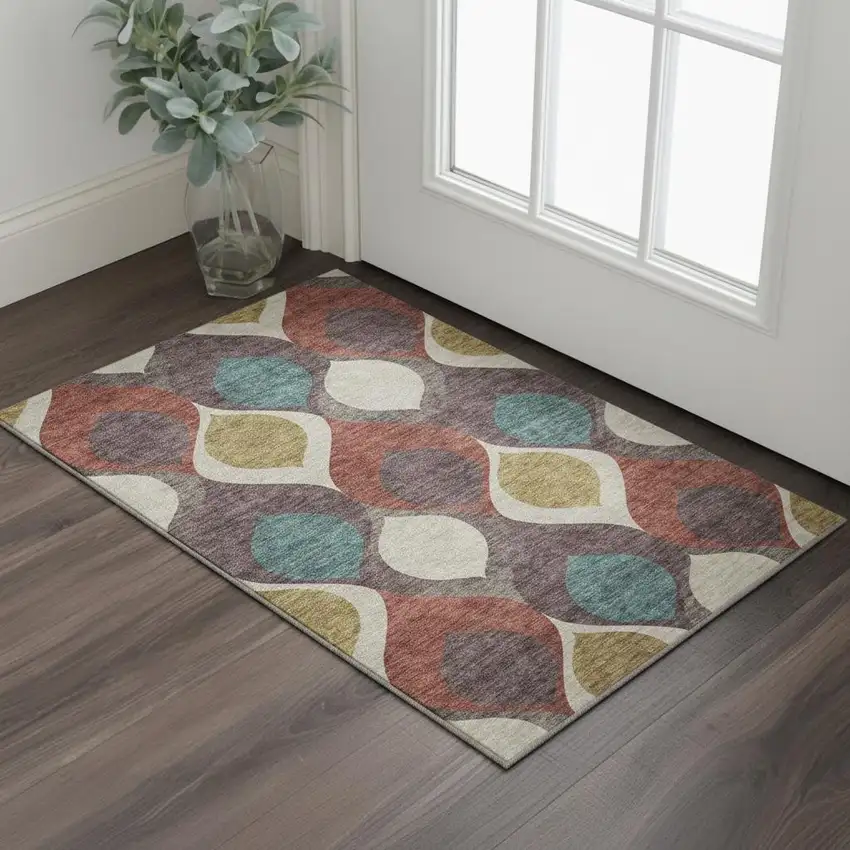 Brown Rust And Teal Ogee Washable Area Rug With UV Protection Photo 2