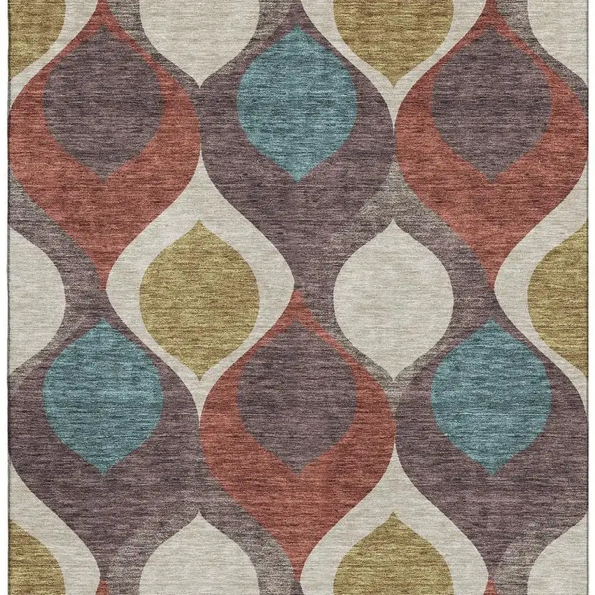 Brown Rust And Teal Ogee Washable Area Rug With UV Protection Photo 4
