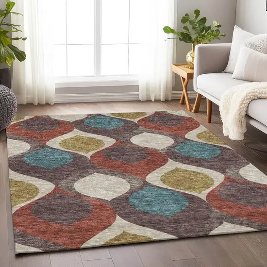 Brown Rust And Teal Ogee Washable Area Rug With UV Protection Photo 5