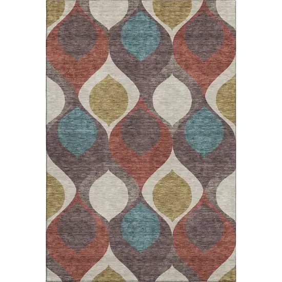 Brown Rust And Teal Ogee Washable Area Rug With UV Protection Photo 1