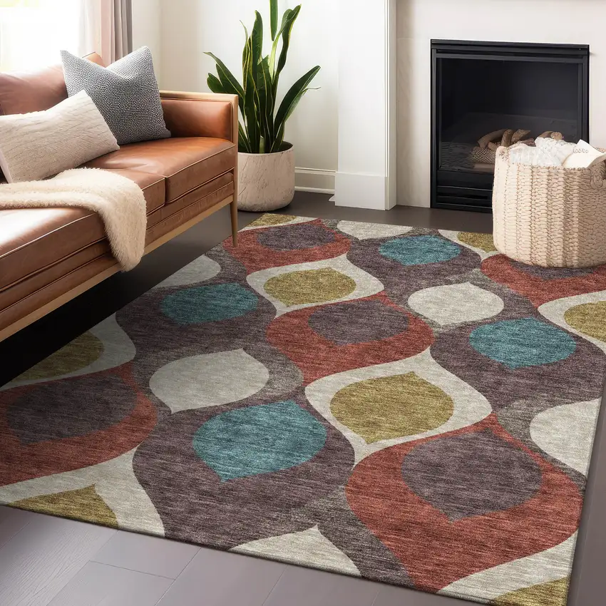 Brown Rust And Teal Ogee Washable Area Rug With UV Protection Photo 6